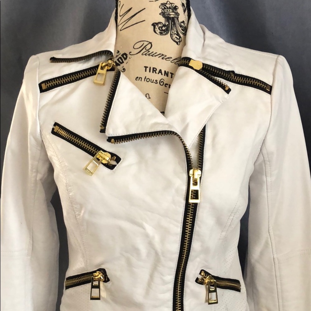 Guess Faux White Leather Jacket XS Gold Zippers